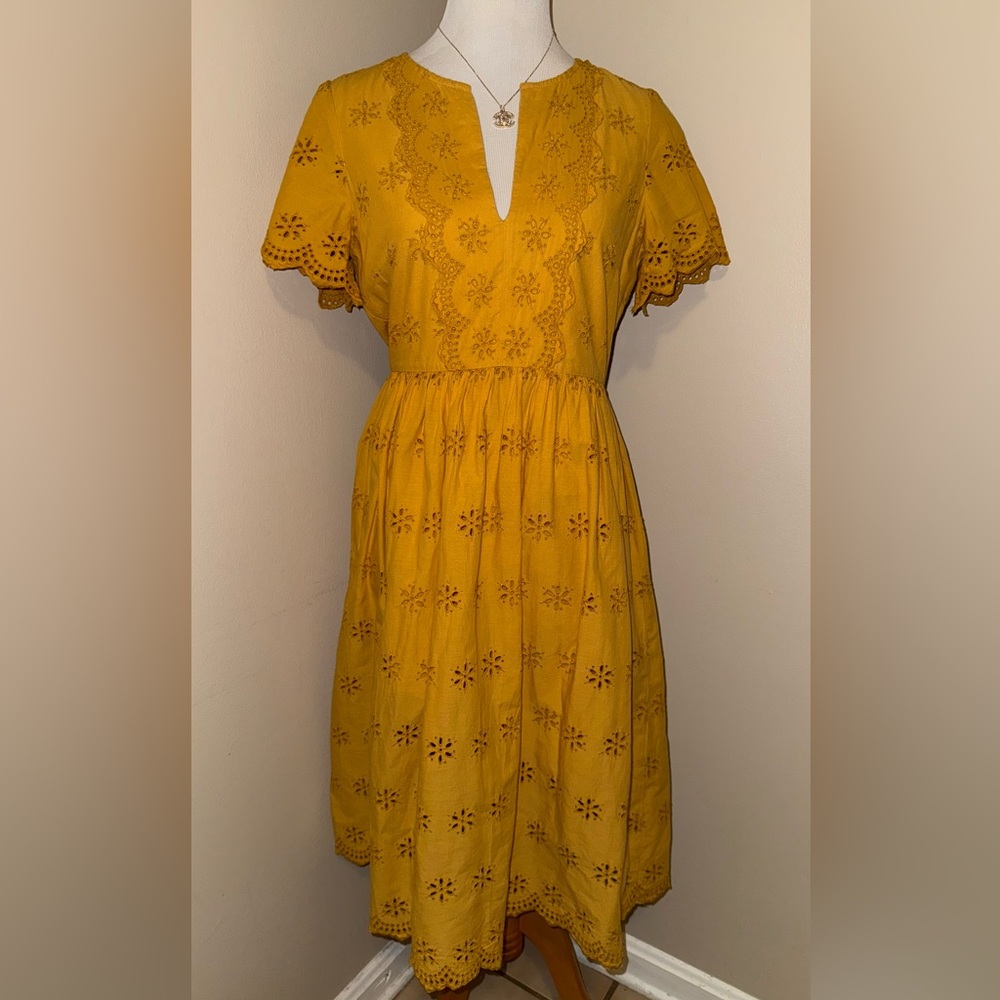 Madewell Scalloped Eyelet Midi Dress,Size-6,Color-Tungsten Glow(Marigold)